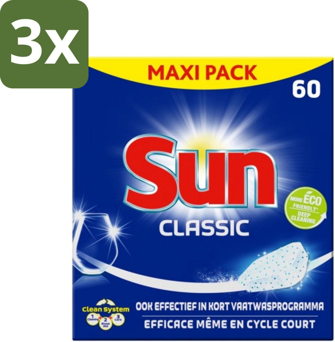 3 x Sun Classic - Vaatwastabletten - Eco - Voordeelverpakking - 60 Tabletten - Vaatwastabletten - Vaatwasser - Reinigingsproduct - Vaatwasmiddel - Eco-formule