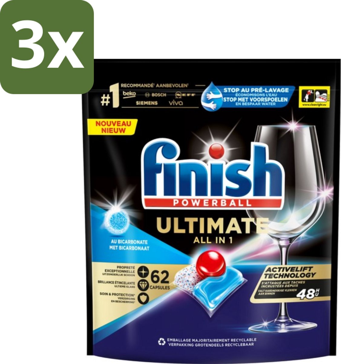 3 x Finish Powerball - Ultimate All in One - Vaatwastabletten - Met Bicarbonaat - 62 Capsules - Vaatwasmiddel - Vaatwascapsules - Glans - Reiniging - Vlekken Verwijderen
