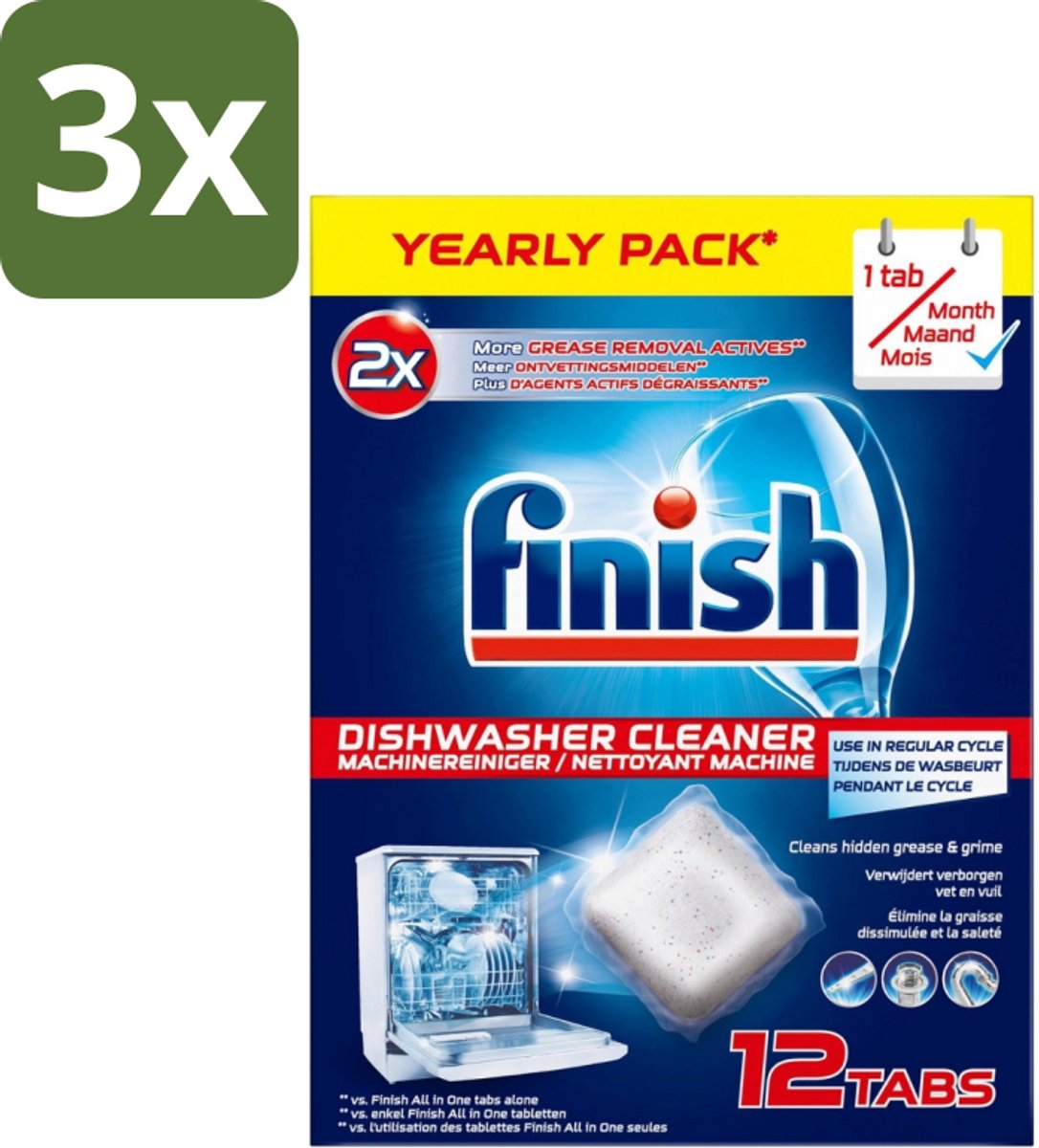 3 x Finish - Vaatwasmachinereiniger - Anti-Vet & Anti-Vuil - 12 Tabletten - Vaatwasmachinereiniger - Vet En Vuil Verwijderen - Vaatwasmachine Reinigen - Vaatwasmachine Onderhoud - Vaatwasmachine Schoonhouden