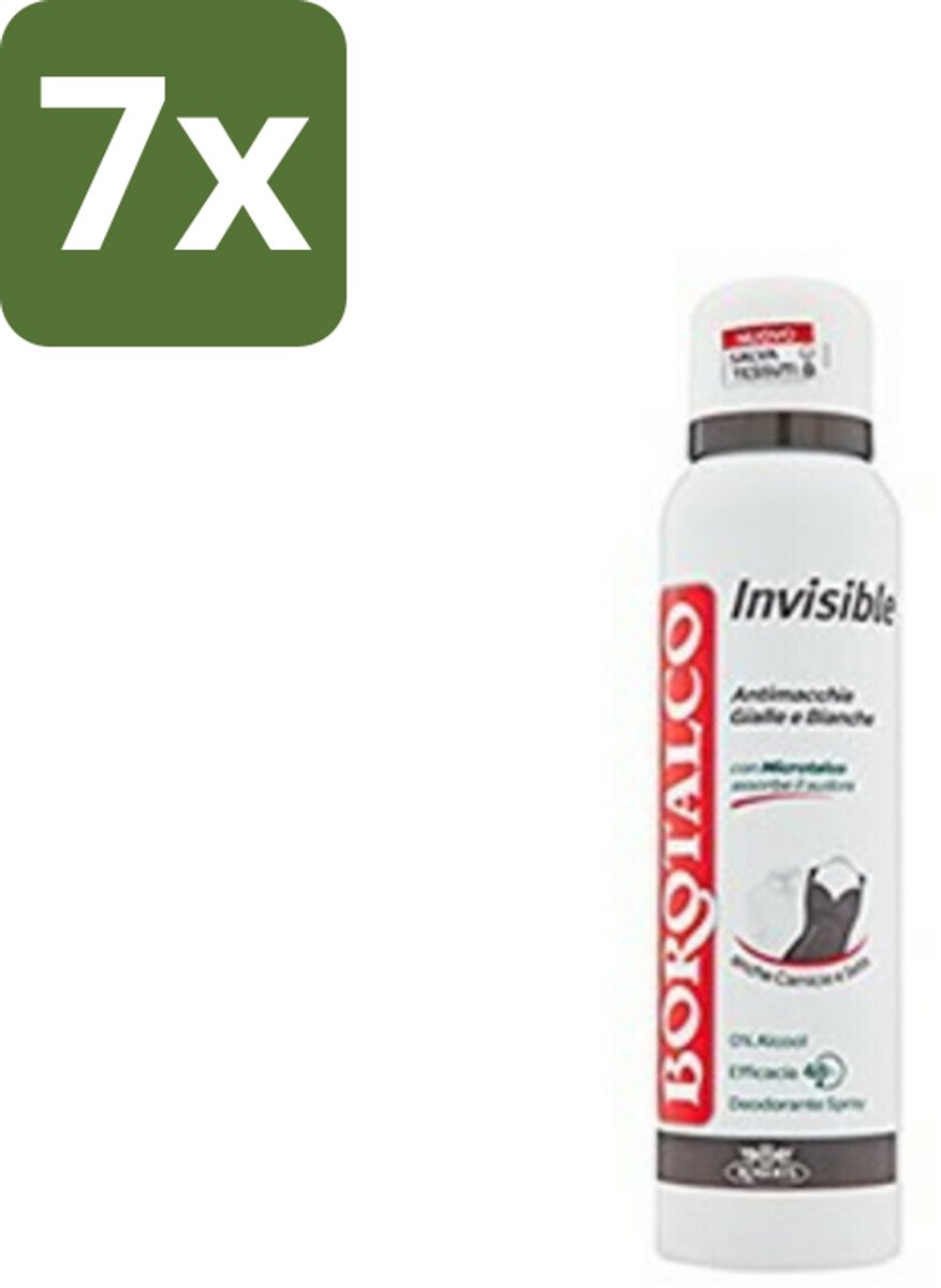 7 x Borotalco - Deodorant Spray - Invisible - Barrier Effect Talc - 0% Alcohol - 150 ml - Deodorant Spray - Vlekken Voorkomen - Zweet Absorberen - Droge Huid - 0% Alcohol
