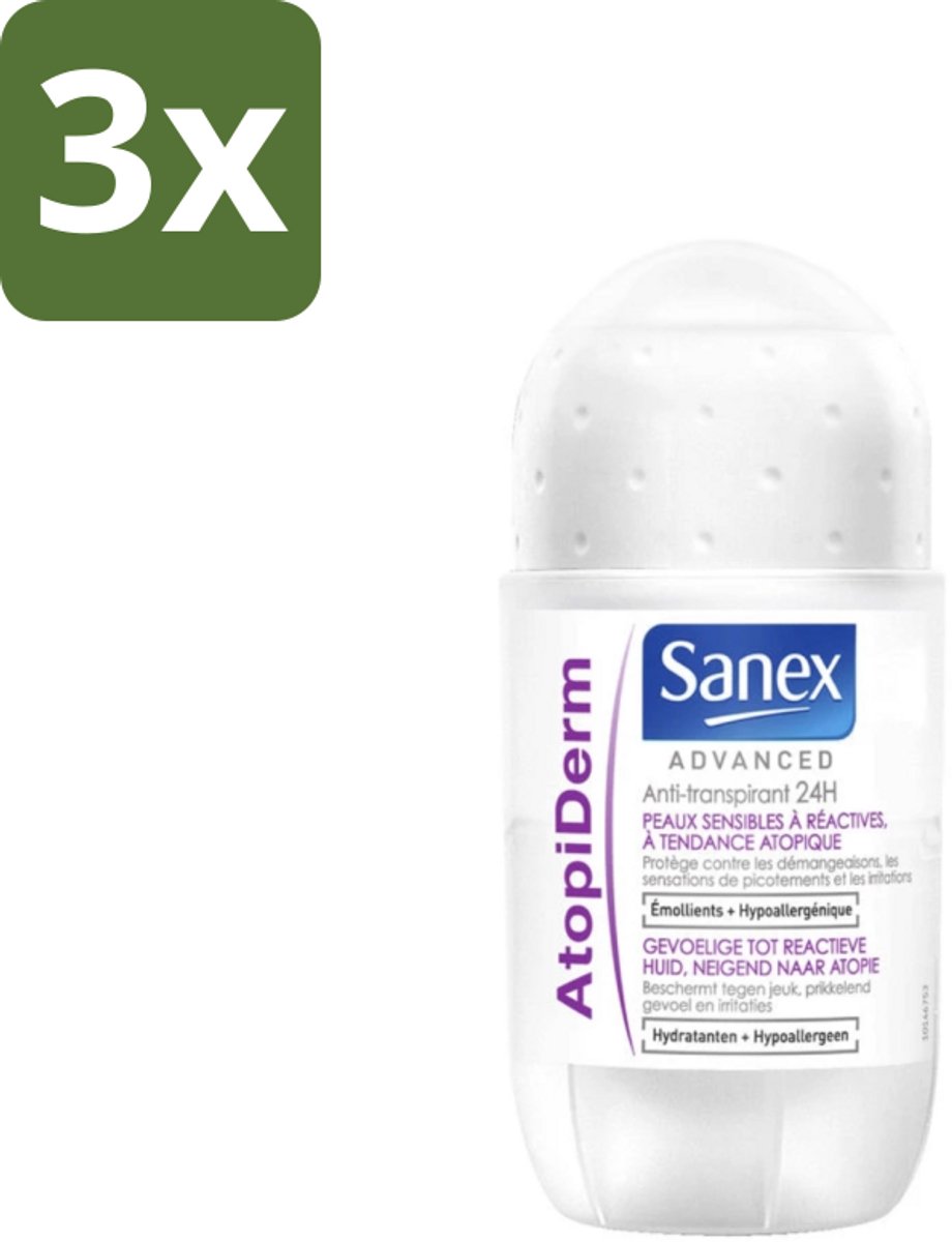 3 x Sanex Advanced - Gevoelig - Deodorant Roller - 24h Anti-Transpirant - Geavanceerd Atopiderm - 50 ml - Gevoelige Huid - Gevoelig Deodorant - 24h Bescherming - Atopiderm - Huidbarrière