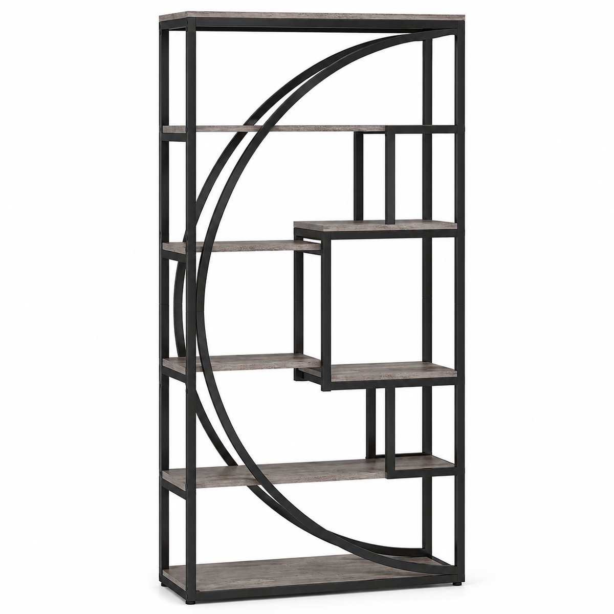 DMG Supply Boekenkast met Geometrisch Frame - 5 Lagen - 8 Open Vakken - 80 x 30 x 179 cm - Grijs/Zwart - MDF en Metaal