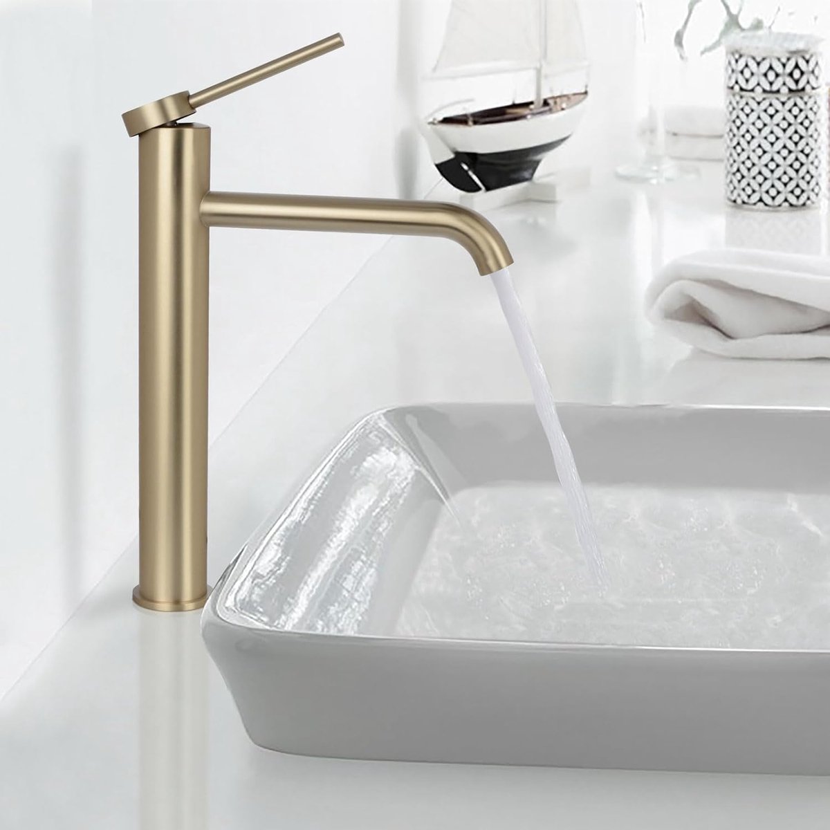PHASAT Badkamer Wastafel Tap,High Rise Basin Tap,Eengreeps geborsteld gouden mengkraan, hoge kraan PTMP01LG - ShopVlot