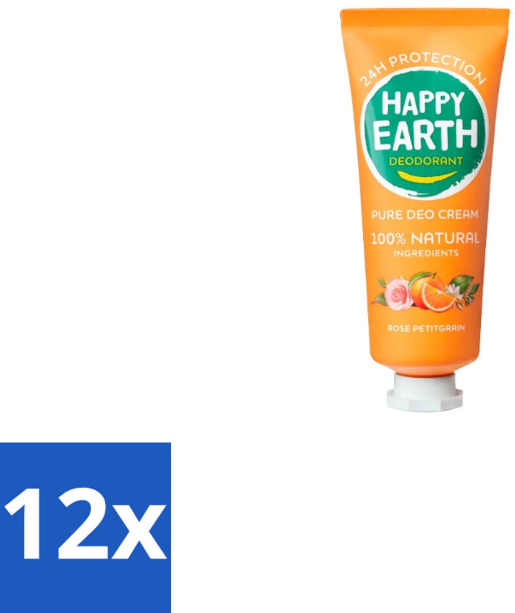Happy Earth – Deodorant Cream – 100% Natuurlijk Rose Petitgrain – 40 ml - Voordeelverpakking - 12 stuks