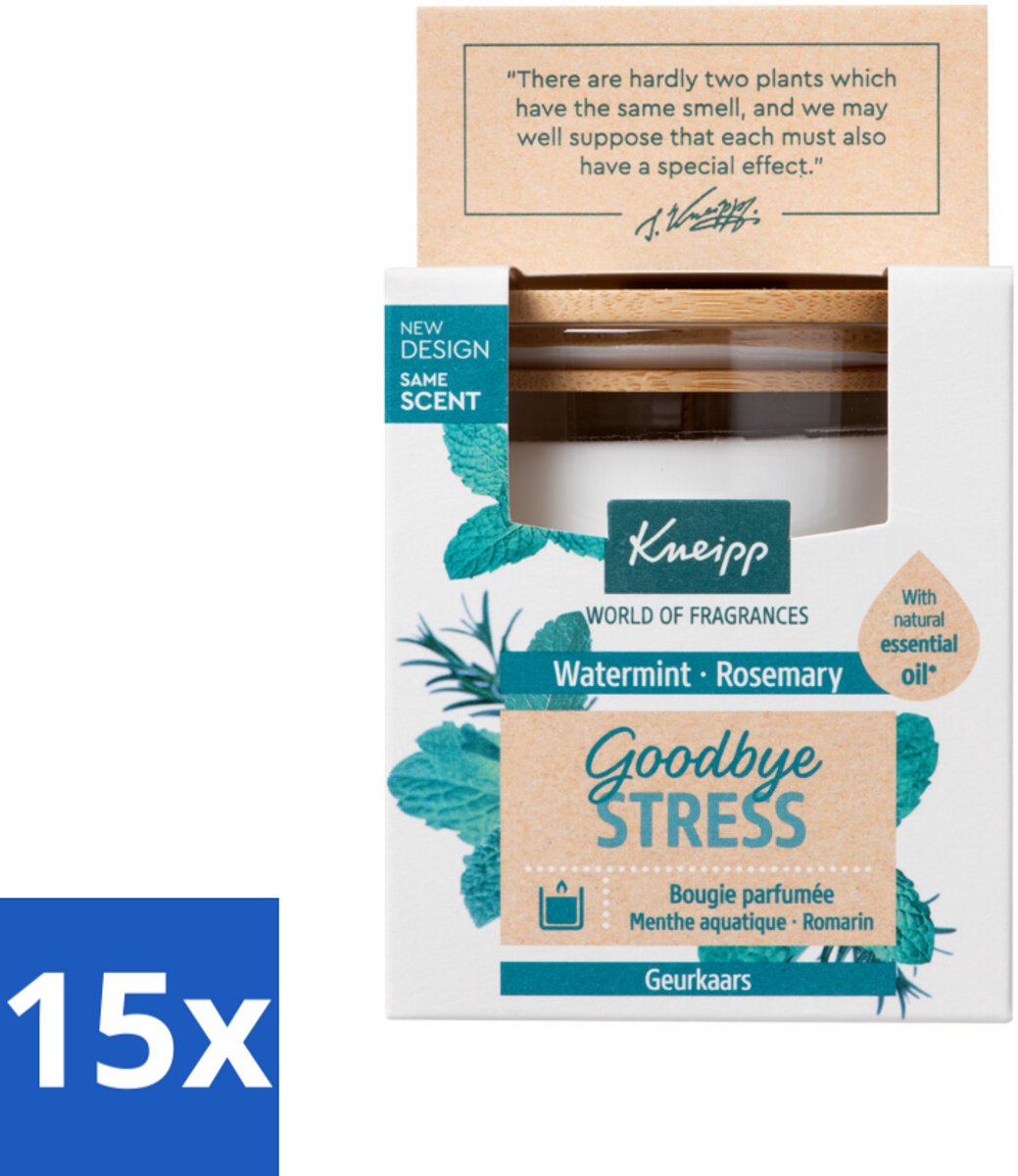 15 x Kneipp - Geurkaars - Goodbye Stress - Watermunt & Rozemarijn - 20 branduren - Geurkaars - Stressvermindering - Aromatherapie - Watermunt - Rozemarijn