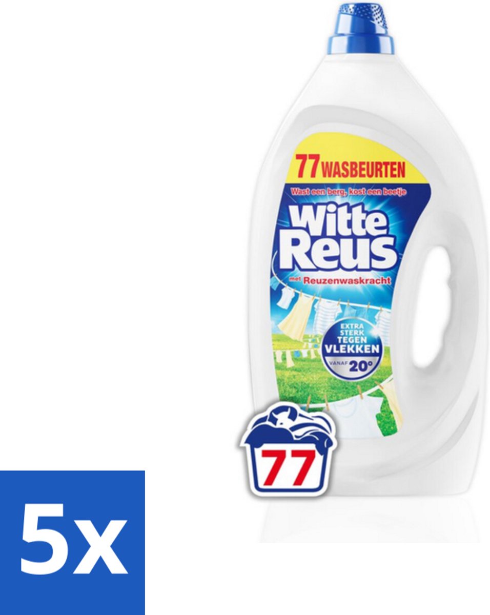 5 x Witte Reus - Vloeibaar Wasmiddel - Witte Was - 77 Wasbeurten - Witte Was - Vlekken Verwijderen - Vloeibaar Wasmiddel - Waskracht - Was Vanaf 20°C