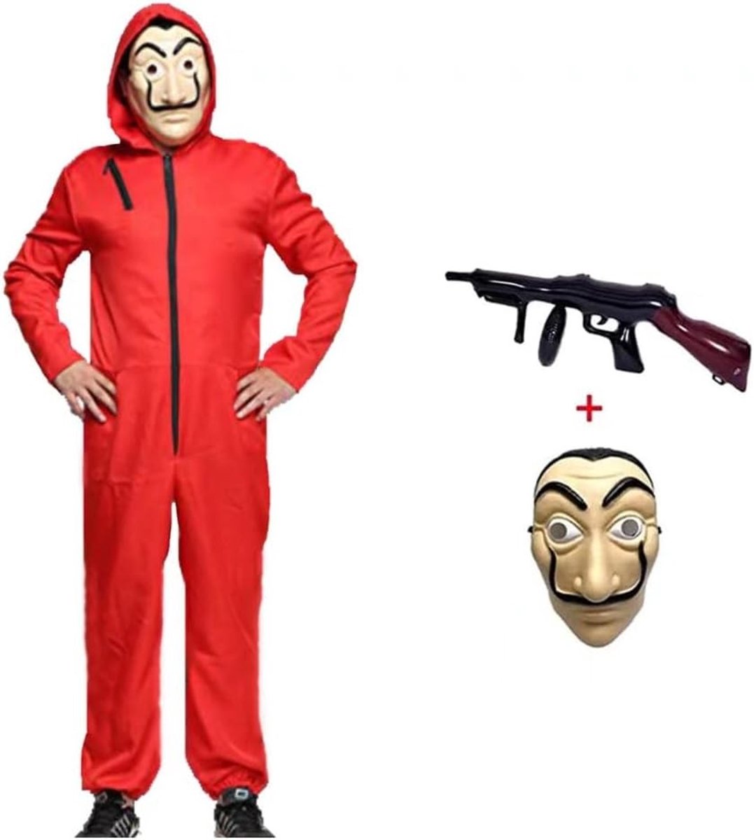 Carnavalskostuum voor volwassenen, bankdief overall met capuchon, inclusief masker en machinegeweer, perfect voor Halloween en themafeesten