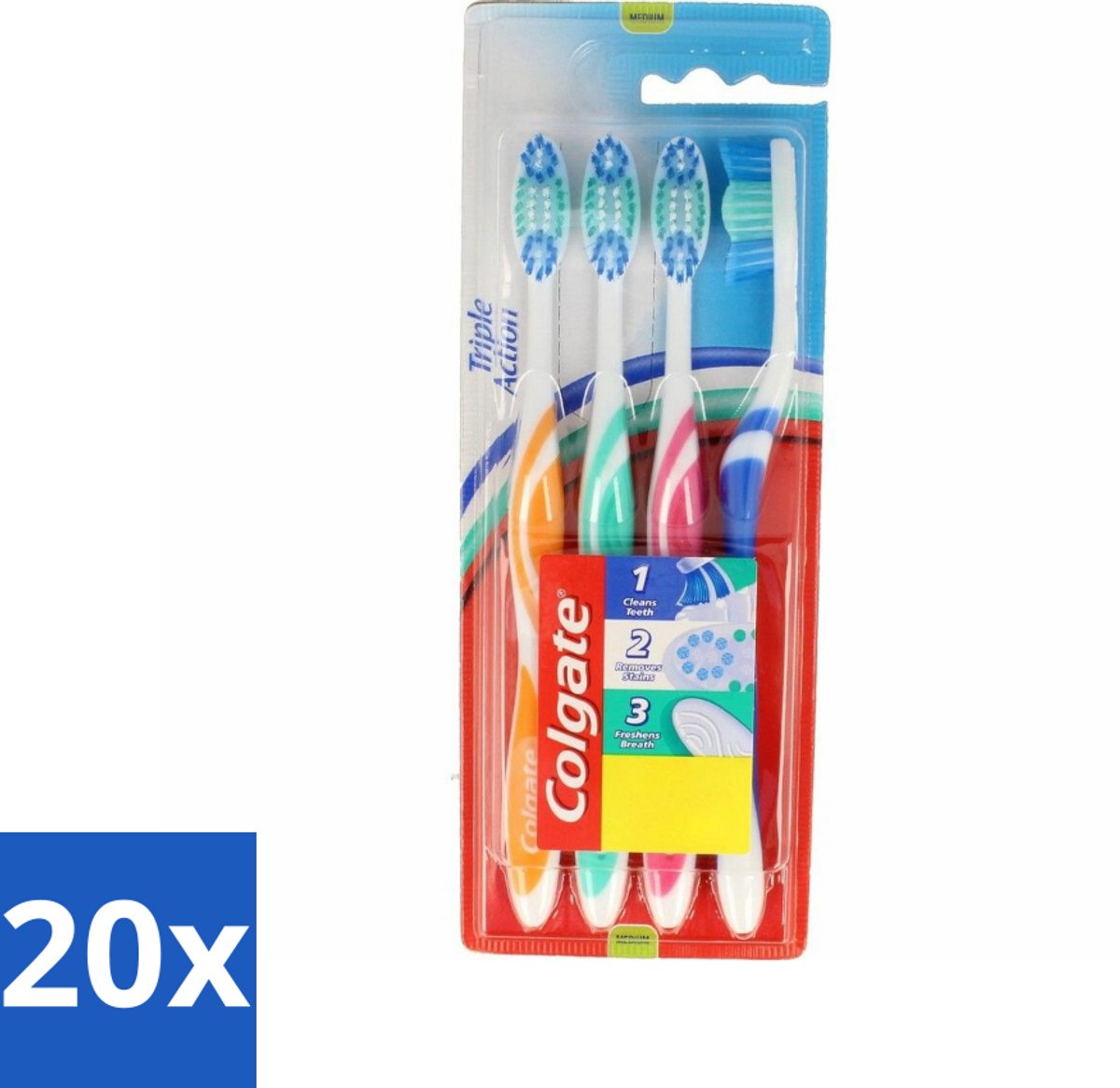20 x Colgate - Tandenborstels - Triple Action - Medium - 4 borstels - Tandenborstel - Mondhygiëne - Reiniging - Vlekverwijdering - Frisse Adem