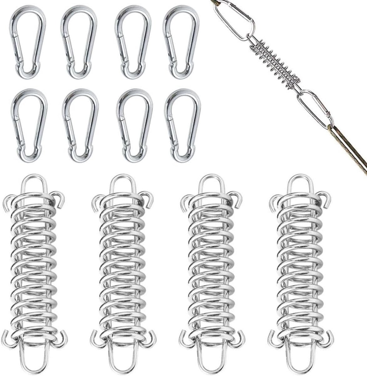 Set van 4 veerhaken met spanning vergrendeling en 8 karabiners, roestvrijstalen vergrendeling voor strandtent en schaduwzeil, ideaal voor buitengebruik en campingaccessoires