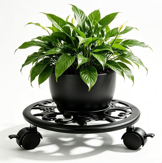 Ronde Plantroller met Wielen voor Bloempotten, 22 cm, Zwart, Geschikt voor Binnen en Buiten, Verplaatsbare Plantenbak Onderzetter