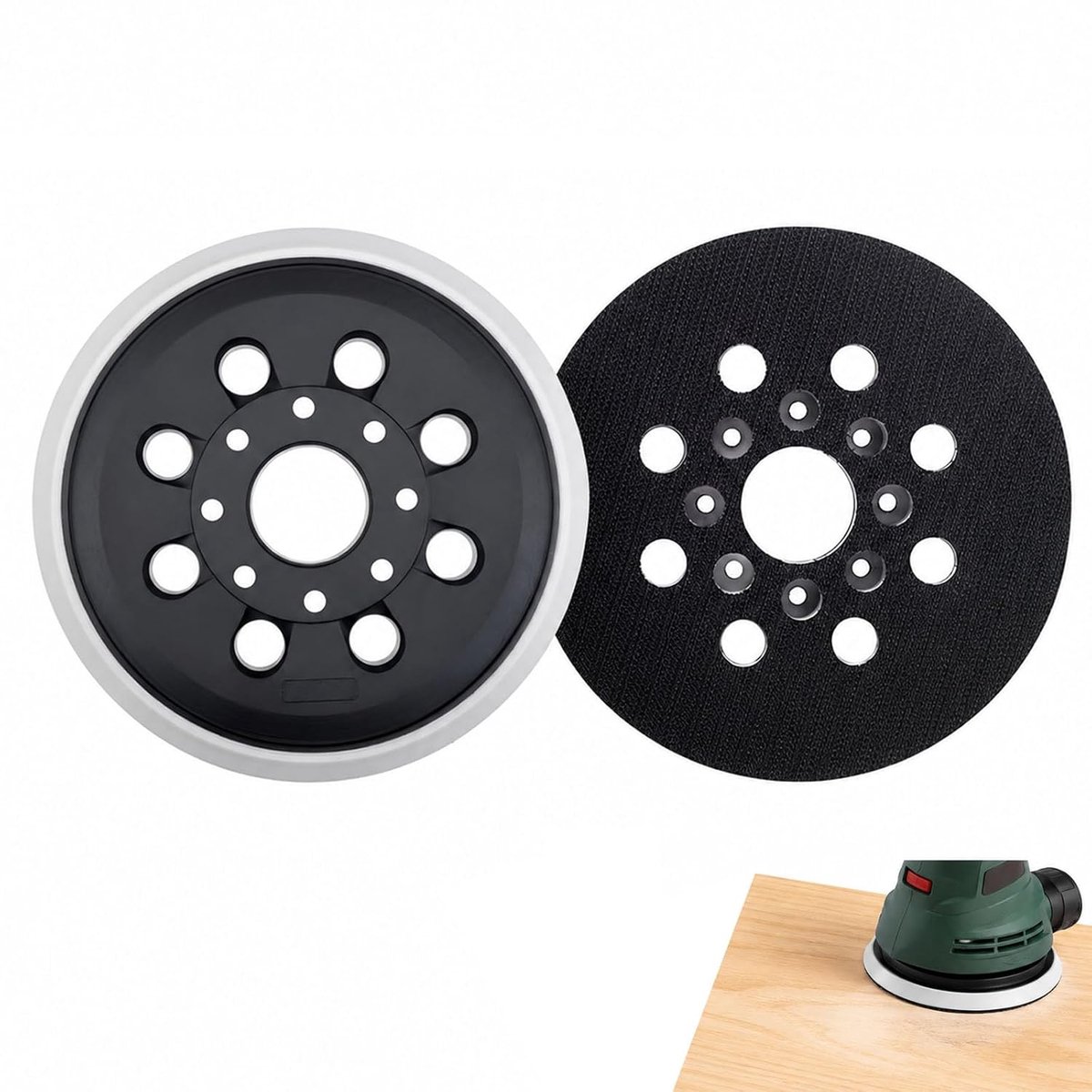 Geschikt voor Bosch PEX300AE en PEX400AE polijstschijven, 5 inch, 8 gaten, 4 ogen, zelfklevende flocking.