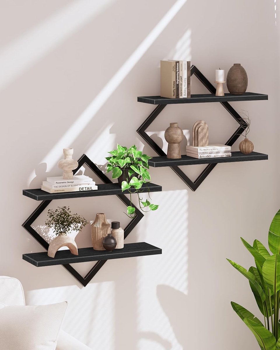 Set van 2 zwevende wandplanken, 2-laags ophangplanken voor woonkamer, slaapkamer en kantoor, zwart