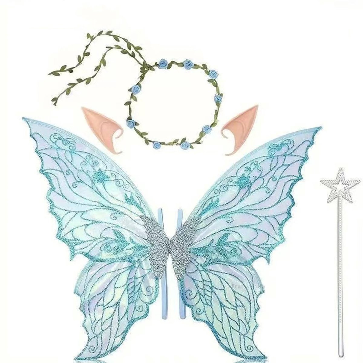 casalora - Elf Verkleedset - Feeënkostuumset - Inclusief Vleugels 72x55 cm,Toverstaf,Elfenoren,bloemenkrans - Verkleedkleding Accessoires - Ideaal voor cosplay, feestjes - Blauw