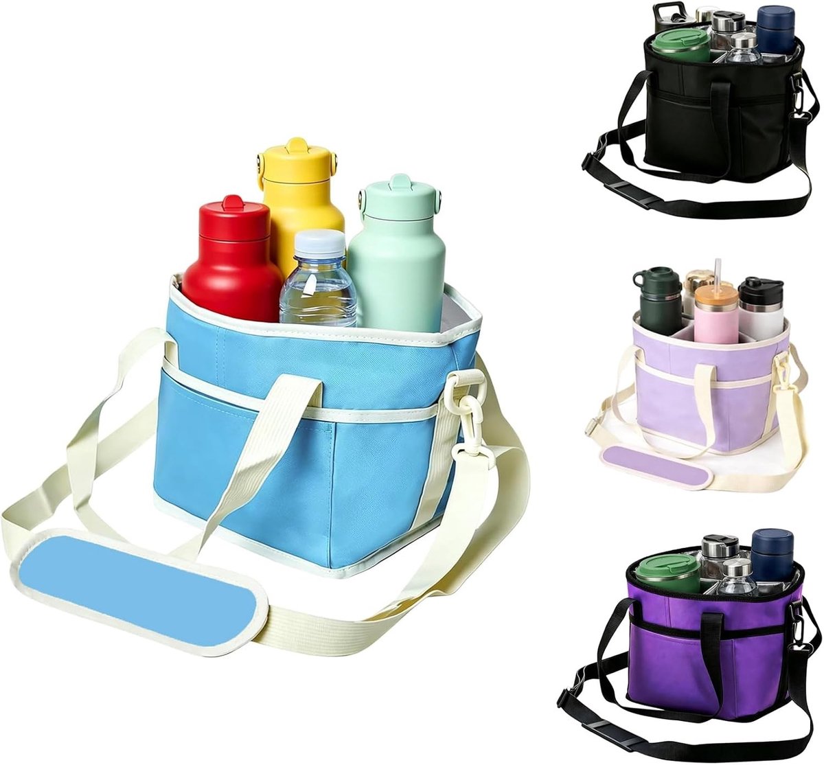 Drankhouder voor 4 bekers (gezinsformaat) – Geïsoleerde houder voor 4 bekers met verstelbare riem – Herbruikbare drankhouder met 4 vakken – Ideaal voor picknicks, wandelingen en sportevenementen (blauw)