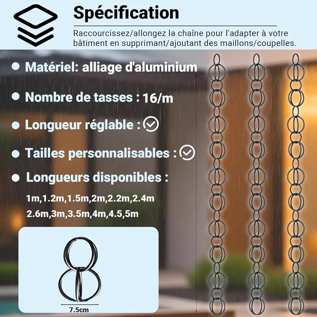 Regenketting Geschikt voor buiten – Zwarte goot in watervalstijl, een combinatie van esthetiek en functionaliteit, vervangbare regenpijp, Geschikt voor tuinen/patio's/terrassen, 1,2 meter.
