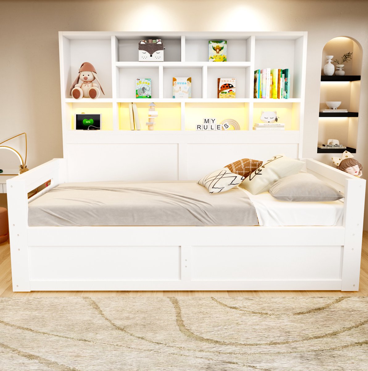 COVREO Slaapbank 90 x 200 cm wit MDF, met opbergruimte en LED-verlichting