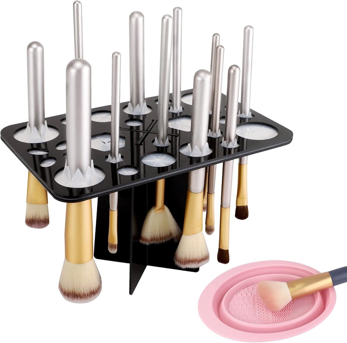 Make-up Borstelhouder met 28 Gaten, Vouwbaar Droogrek en Reinigingsmat in Zwart en Roze, Ideaal voor Organisatie en Onderhoud van Make-upkwasten