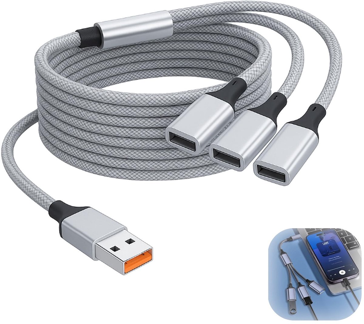 Elzusha - USB 2.0 Splitter Kabel met 3 Poorten, 2 Meter