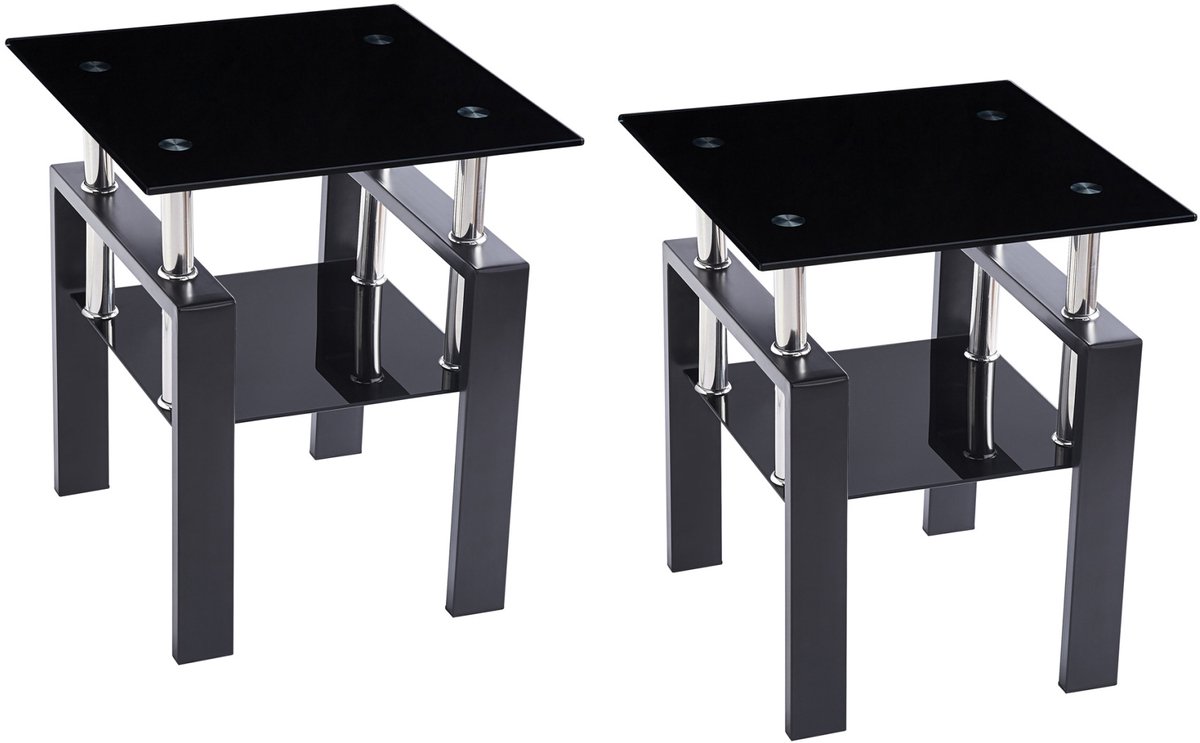 Bijzettafel Set Van 2 Met Gehard Glas En Metalen Poten Voor Woonkamer, Slaapkamer En Kantoor, Vierkant, Zwart, 50,5 Cm