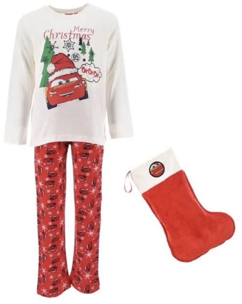 Disney Cars Pyjama met Kerstsok - Katoen - Kerst - Rood/Off White - Maat 98