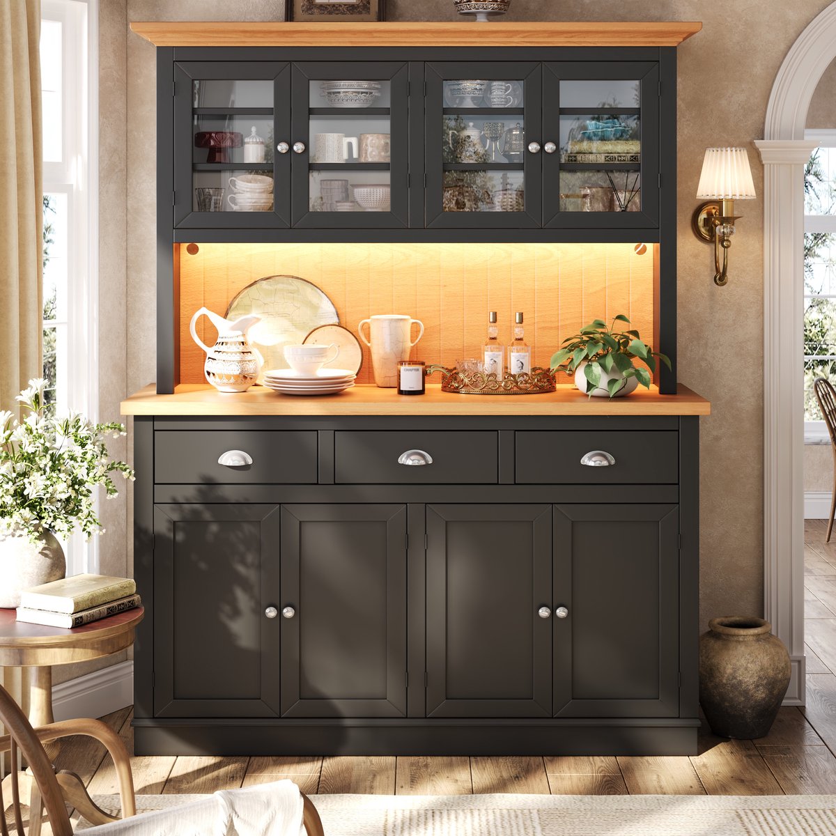 VVBV Dressoir 140x40x180 cm - RGB-LED, Soft-Close, Scandinavisch, Verstelbare Planken, Opbergruimte - Zwart