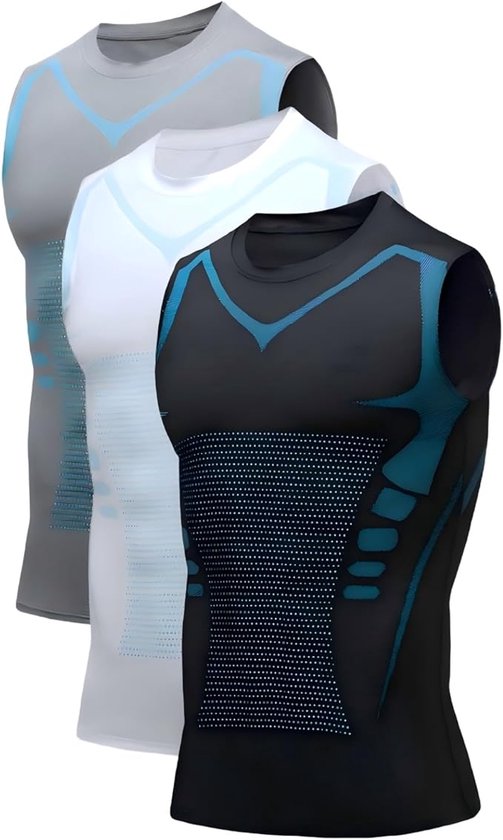 Drie mouwloze compressie shirts in zwart, wit en grijs met blauwe accenten.