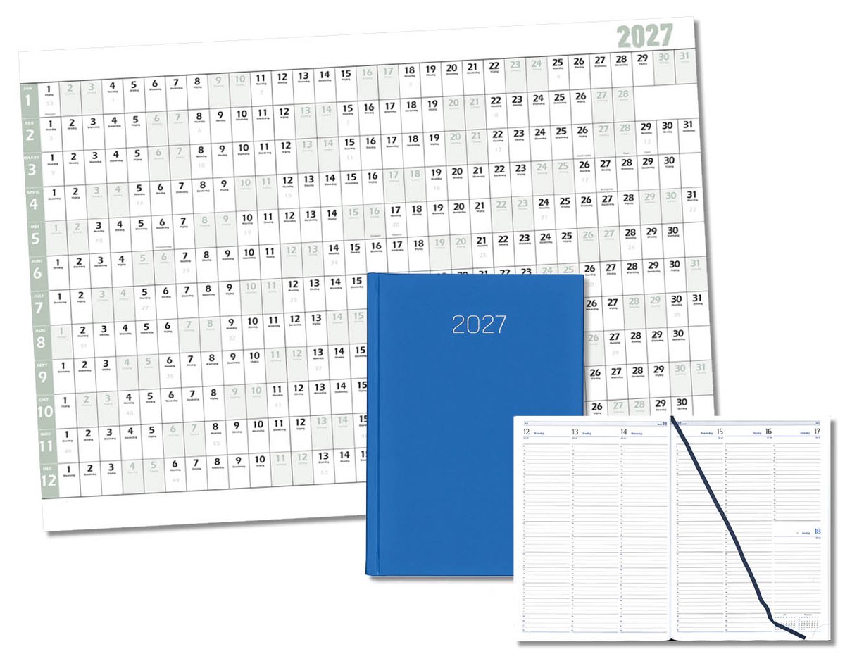 MGPcards - Bureau Week-agenda 2027 - H46 - A4 - 1 week 2 pagina's - Nederlandstalig - Gewatteerde omslag - 21 x 30 cm - Mat Blauw + Jaar kalender - Kalender 2027 - Wandplanner - Jaarplanner - Grote planner - A1 formaat - Poster - 84 x 60 cm