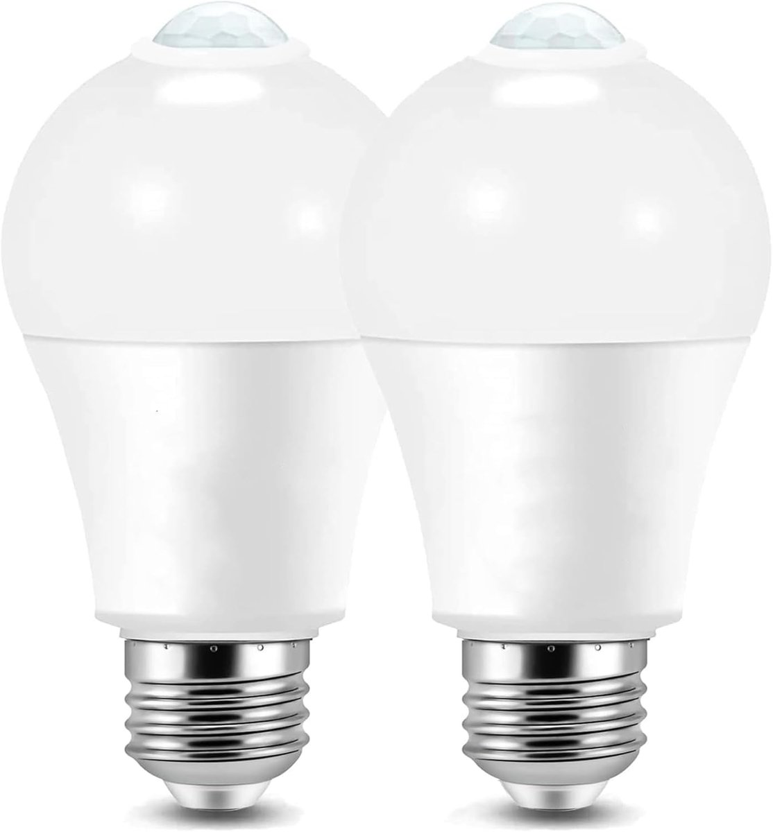 Bewegingsmelder‑lamp, 9W (gelijk aan 60W), A19 E27 fitting, 5000K daglicht, schemer‑tot‑dag beveiligingslamp, automatisch aan‑uit, voor binnen en buiten, veranda, garage, kelder, gang en kast, set van 2 stuks