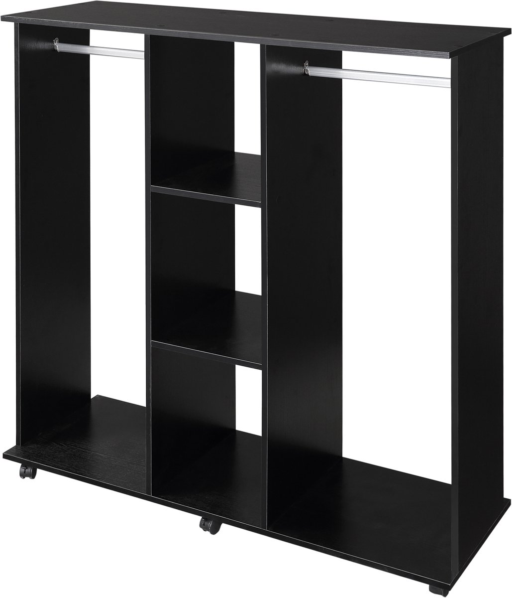 Kast met 6 wielen, 120 x 40 x 128 cm, spaanplaat, zwarte houten verrijdbare kledingkast
