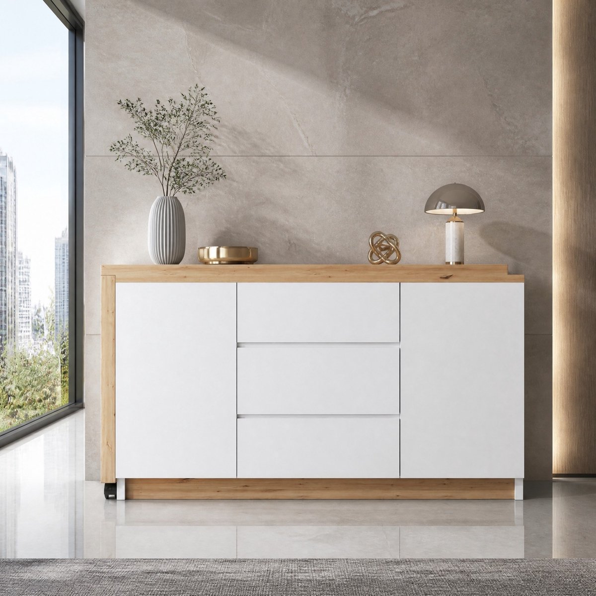 Wishdor Bureau - Draaibaar en opklapbaar - 3 lades en 2 deuren - Hoekbureau en sideboard - Modern ontwerp - Bewerkt hout - Wit en eiken - 120 x 50 x 76,5 cm