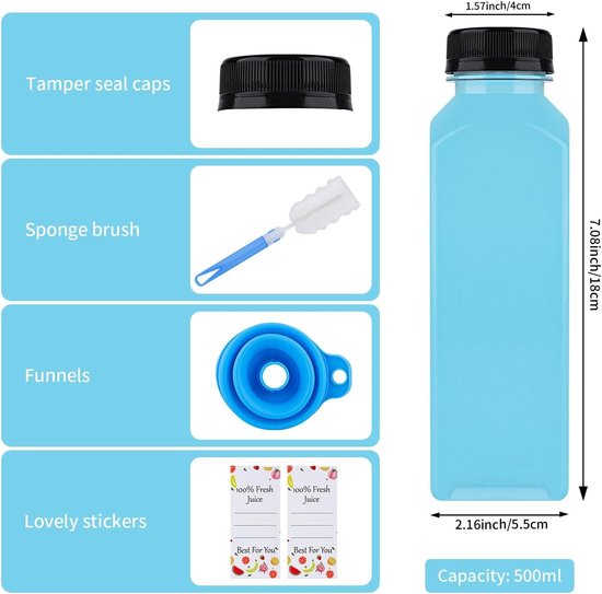 Set van 8 herbruikbare 400ml plastic flessen voor smoothies, sap en shots - Transparante flessen voor koelkast, juicer en dranken — afbeelding 5