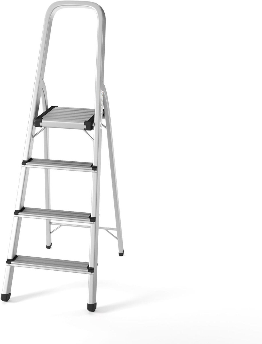 Huishoudtrap Aluminium - Keukentrap 4 treden - Veilig Klussen - Inklapbaar Ontwerp - 130 cm Hoog - Grijs