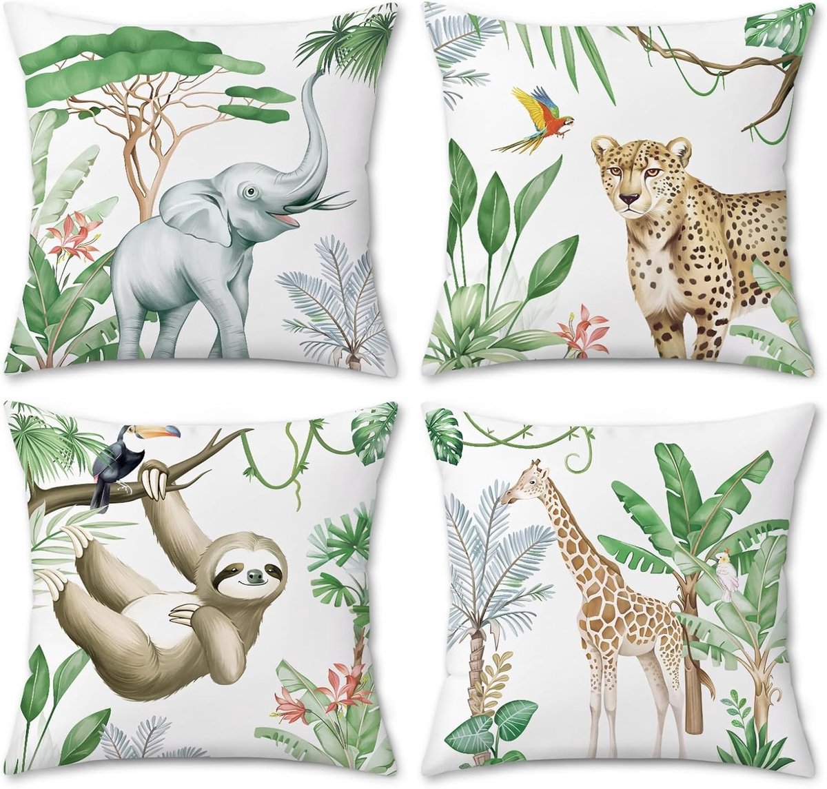 Tropische dieren kussenhoezen set van 4, olifant, giraf, luipaard en luiaard, decoratief voor bank, bed en tuin, 45 x 45 cm, fluweel, zomer en jungle stijl