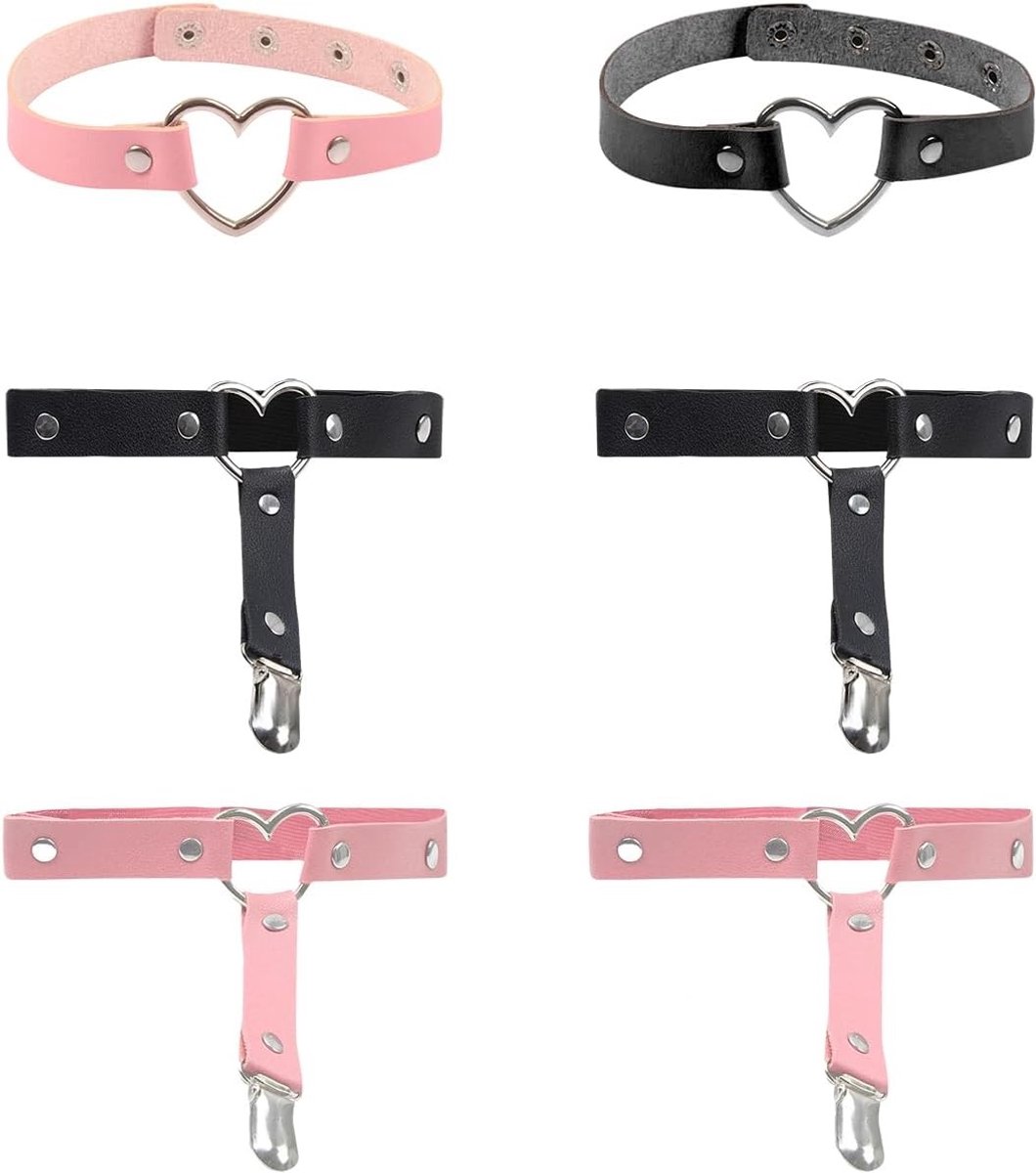Punk Kousen en Verstelbare Been Kettingen met Hart Garters en Kraag voor Dames en Meisjes in Zwart en Roze