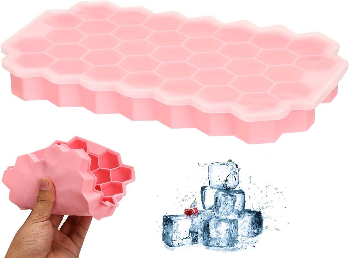 Siliconen ijsblokjesvorm met deksel voor het maken van ijsblokjes, ideaal voor whisky, cocktails en dranken, roze kleur