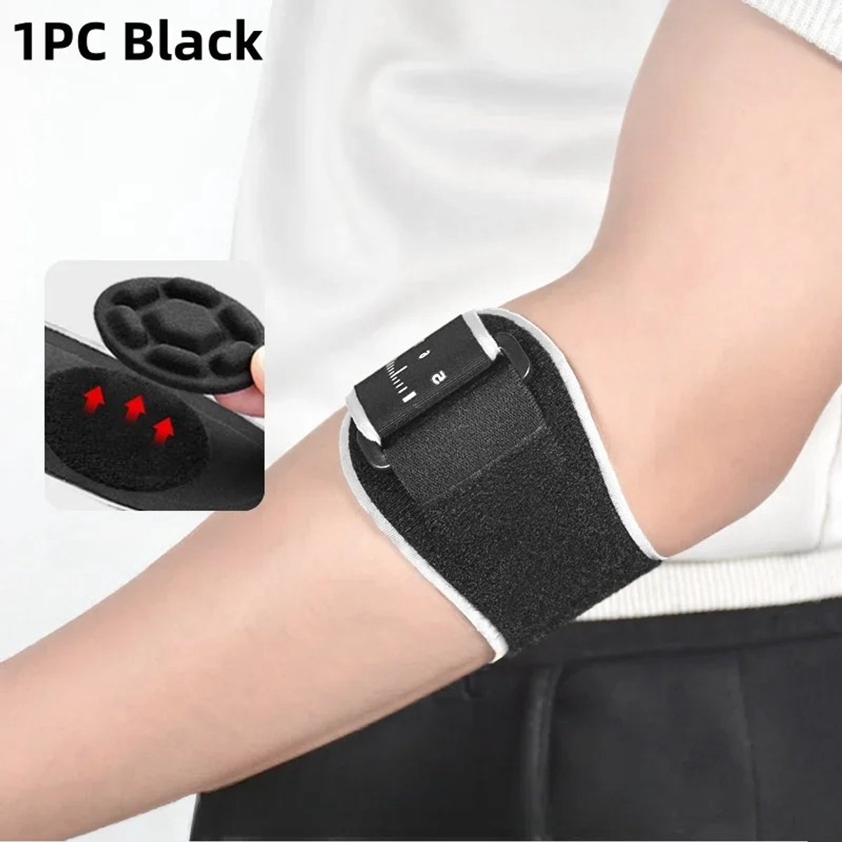 Elleboogbrace uit één stuk ter verlichting van peesontsteking en tennisarm, voorzien van een uitneembare pelotte en comfortabele banden voor golfers.