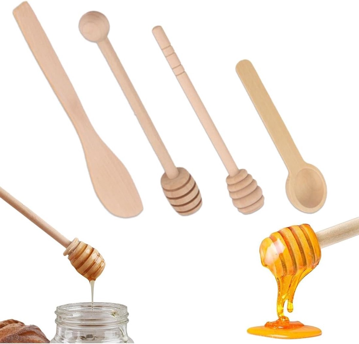 Set van 4 Houten Honinglepels - Perfect voor Honing, Drizzle en Serveren van Drankjes