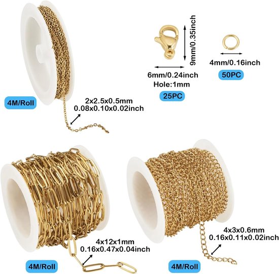 3 Reels Gouden RVS Paperclip Kettingen met Ovalen Schakel, Kralen en Sluitingen voor Sieraden Maken — afbeelding 4
