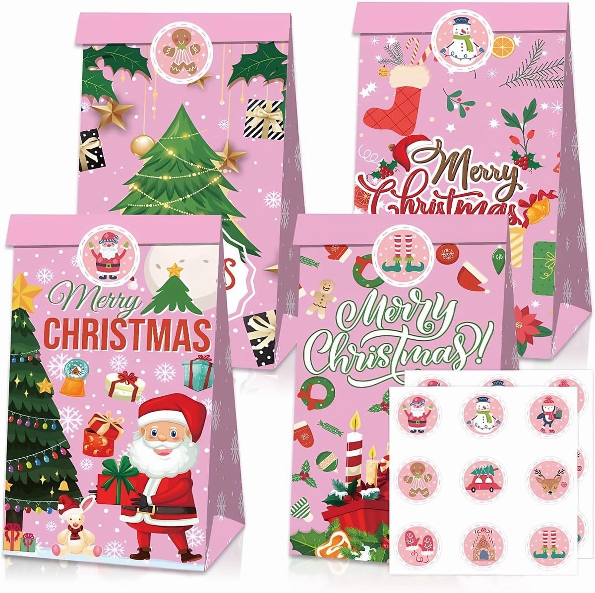 Kleine papieren zakjes voor Kerstmis, 12 stuks cadeauzakjes van kraftpapier met stickers voor geschenken, snoepfeest en adventskalenderdecoratie