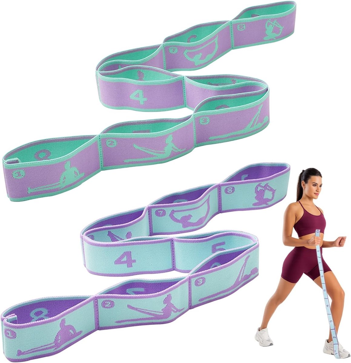 Set van 2 Elastische Fitnessbanden voor Yoga, Oefeningen en Effectieve Stretching met 8 Gespen voor Dans, Pilates en Gymnastiek