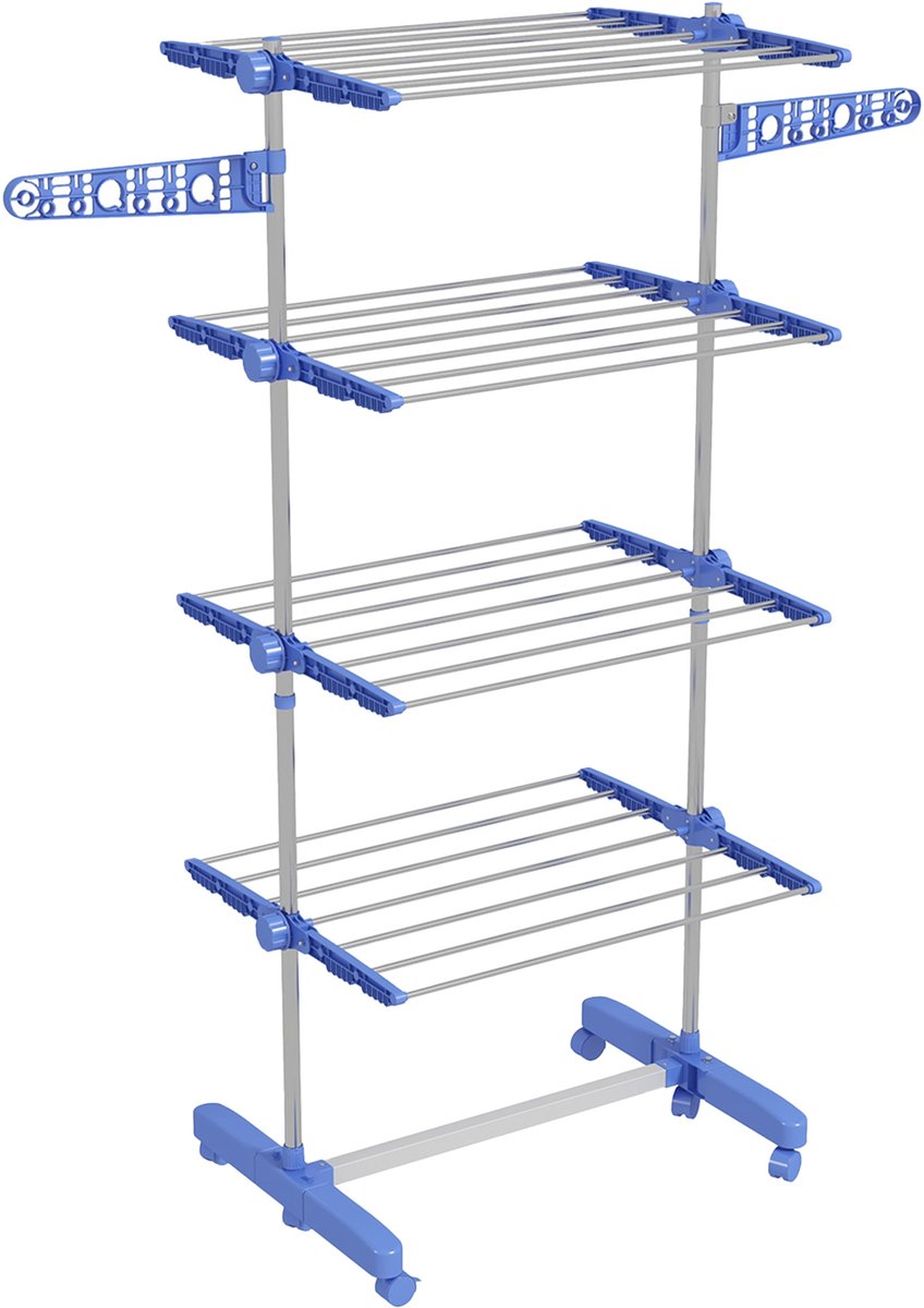 Blauwe Wastoren 142 x 55 x 172 cm, Wasrek met 5 Niveaus, Opvouwbaar Droogrek met 6 Wielen, Inklapbaar Wasdroogrek, Verstelbare Etages, Sokkenhouders, Kledingrek voor Wasgoed, Badkamer en Balkon