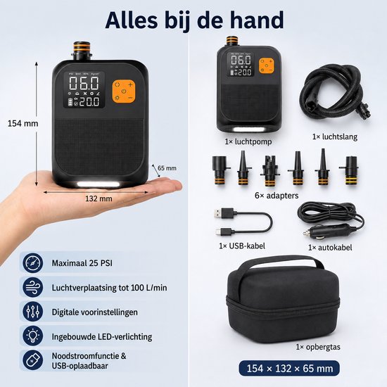 Oplaadbare Elektrische Luchtpomp 25 PSI met LED, USB en 6 Adapters voor SUP, Luchtbedden en Tenten — afbeelding 2