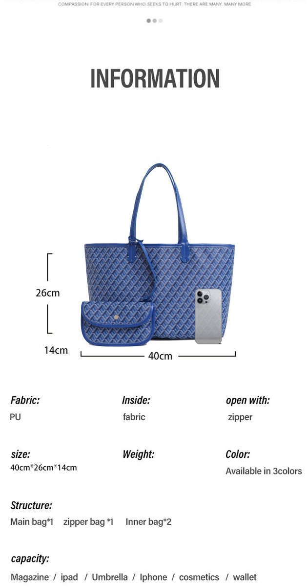 Ruime damestas - Bedrukte handtas - Luiertas - Stijlvolle schoudertas/handtas voor forenzen - Afmetingen: 40 cm * 26 cm * 14 cm - Blauw – foto 5