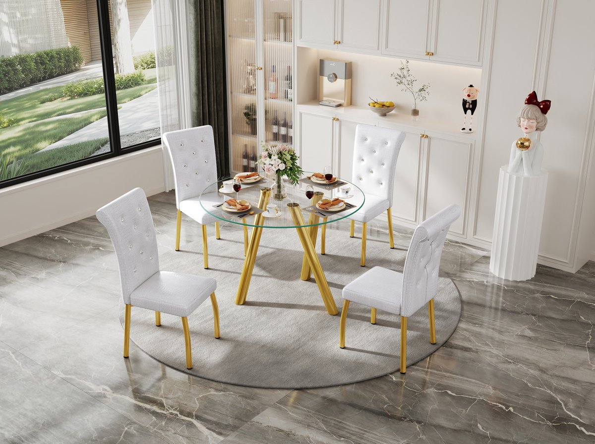 MIVRAY Set Tafel En Stoelen 4 Personen - Ronde Glazen Eettafel Met Gouden Metalen Poten En 4 Witte Gestoffeerde Stoelen - Keuken En Eetkamer - Metaal - Wit