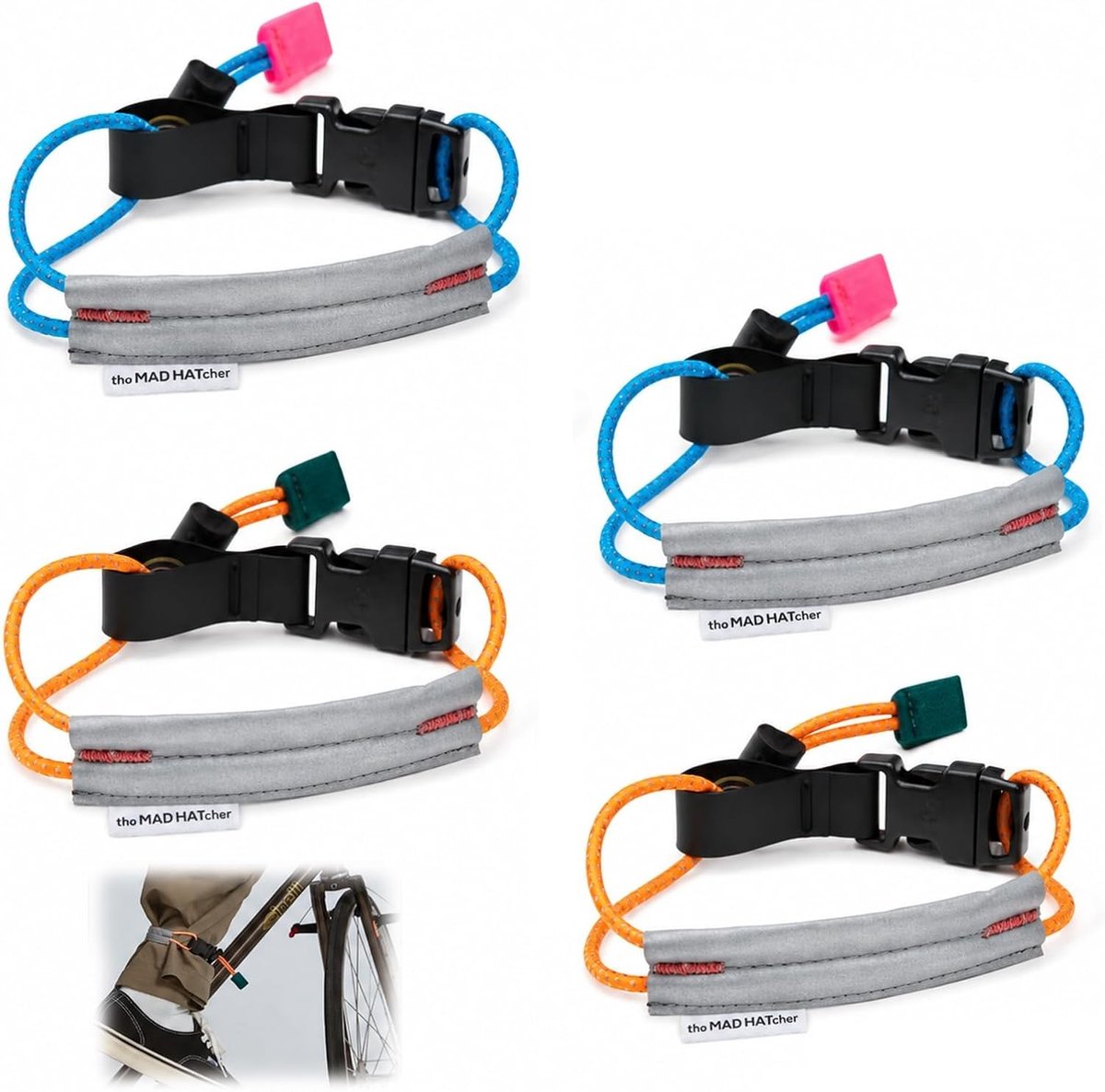 Set van 4 elastische broekklemmen in blauw, neonoranje en neongroen voor veiligheid tijdens fietsen, joggen en nachtritten