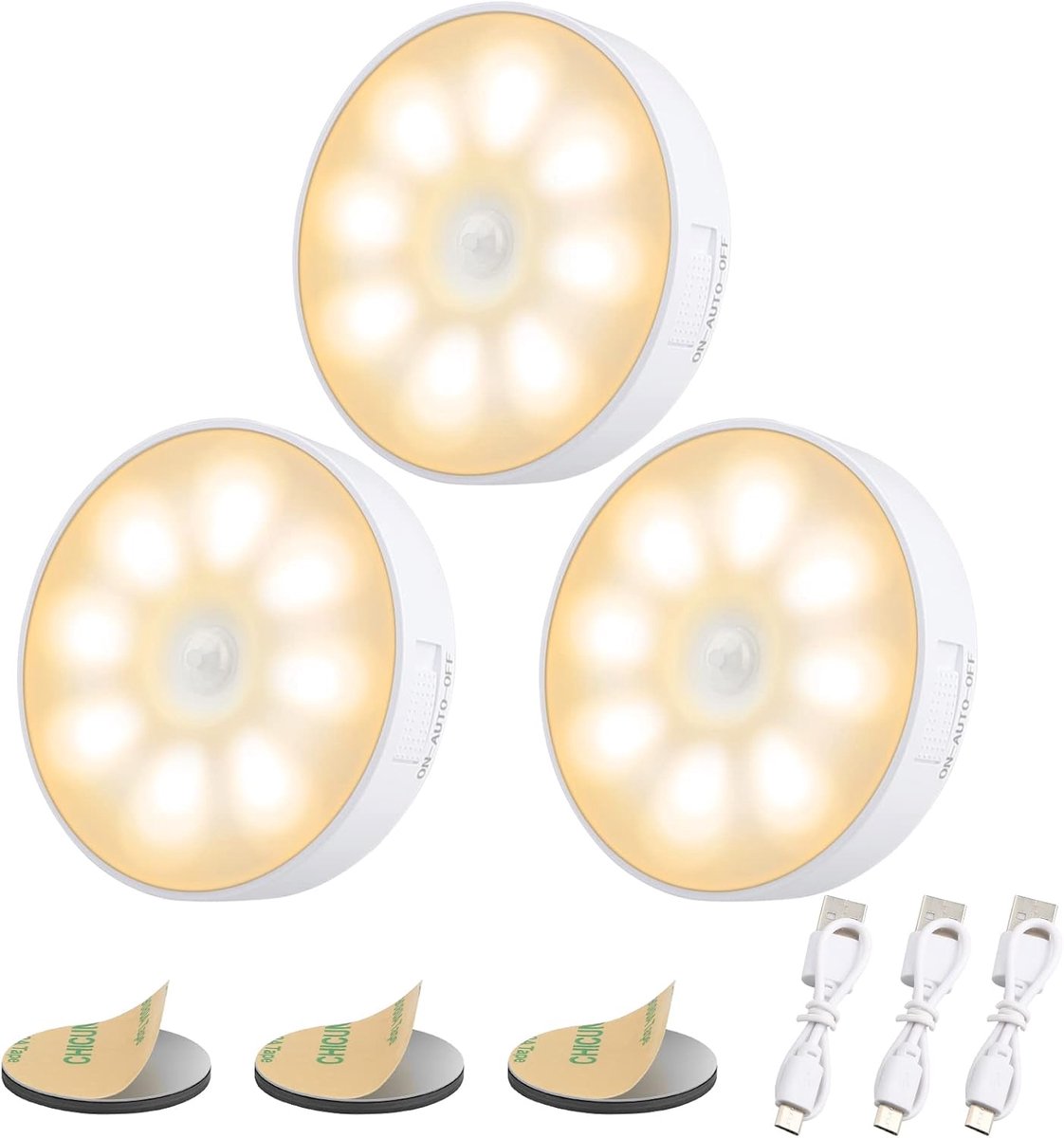 3 Stuk Bewegingssensor Licht Binnen 8 LED's,Oplaadbare Nachtlamp