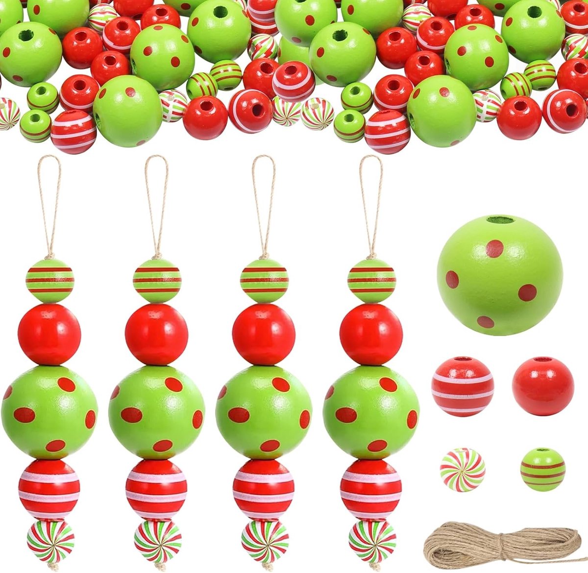 60 Stuks Houten Kerst Kralen met 10m Touw, Natuurlijke DIY Kralen voor Creatieve Ambachten en Versieringen