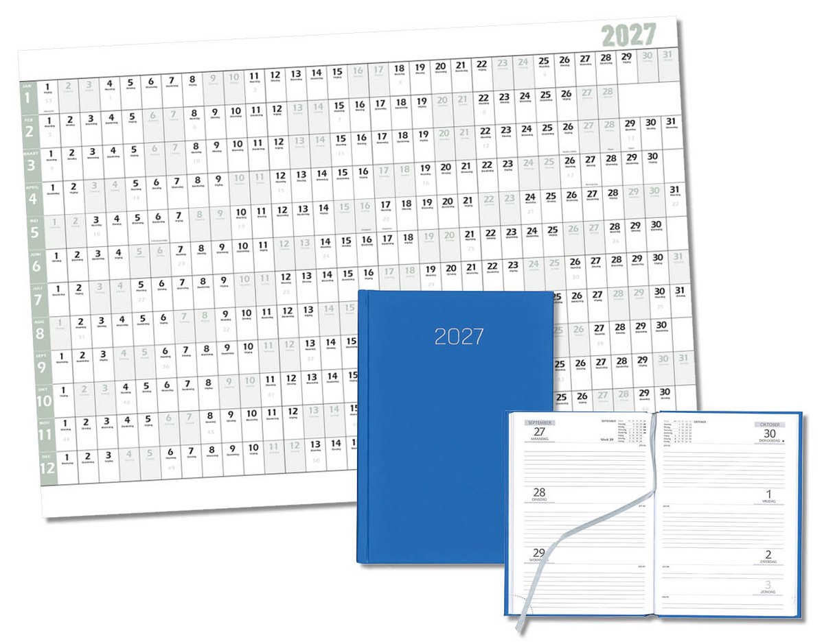 MGPcards - Bureau Week-agenda 2027 - H72 - A5 - 1 week 2 pagina's - Nederlandstalig - Gewatteerde omslag - 14.8 x 21 cm - Mat Blauw + Jaar kalender - Kalender 2027 - Wandplanner - Jaarplanner - Grote planner - A1 formaat - Poster - 84 x 60 cm