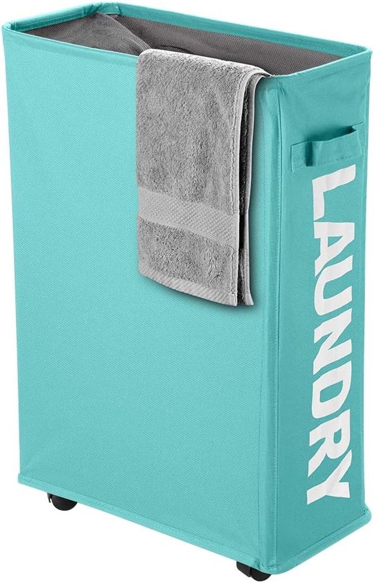 Vouwbare Wasmand met Wielen, Ruimtebesparende Opbergbox voor Wasgoed, Handvat, 40 L, Blauw, Ideaal voor Badkamer en Wasruimte, 39 x 18.5 x 58 cm