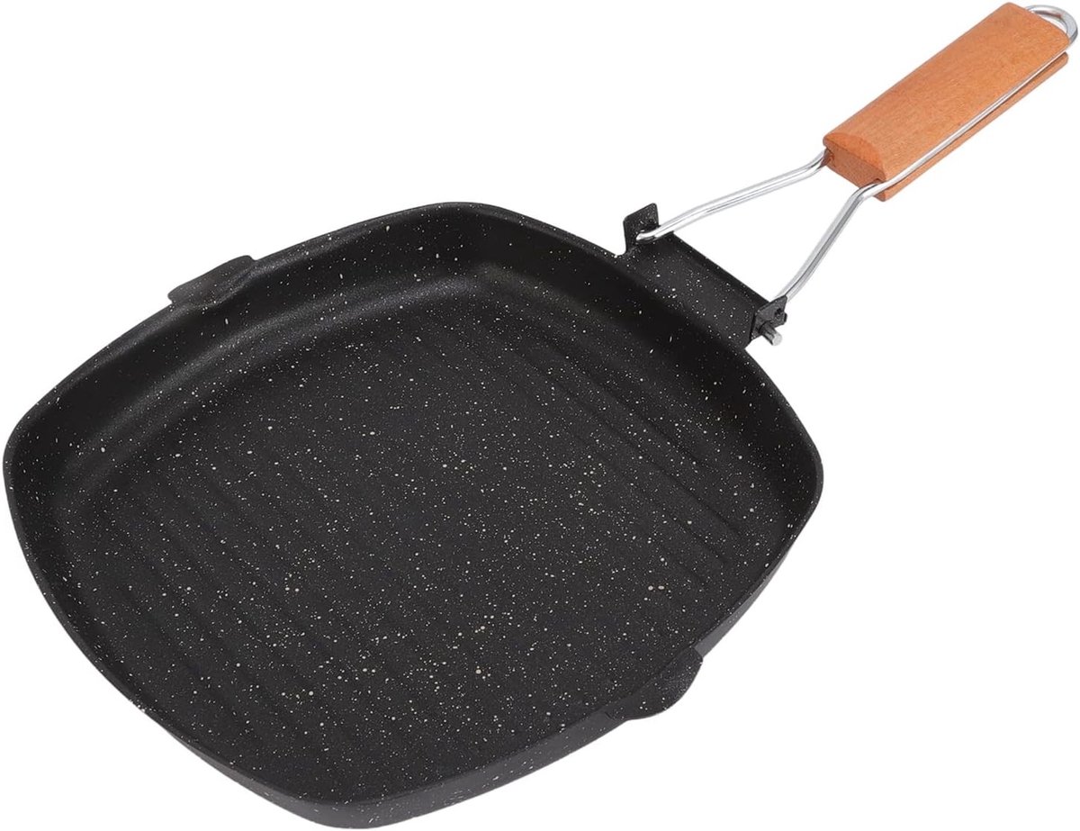 Opvouwbare Grillpan - Vierkante Antiaanbak Koekenpan met Beukenhouten Handvat voor Binnen en Buiten Grillen, Roosteren en Bakken (24 x 24 cm) - Ideaal voor Kamperen en Picknicken